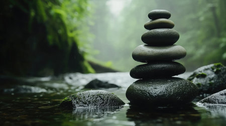 A peaceful arrangement of stacked stones beside a gentle river, surrounded by lush greenery, evokes a sense of balance and tranquility perfect for mindfulness and relaxation.の素材