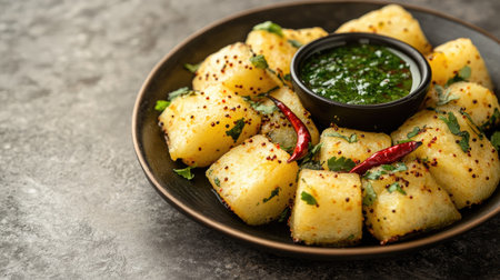 A vibrant assortment of steamed rice cake squares seasoned perfectly, served with a tangy green chutney and garnished with fresh herbs, ideal for food enthusiasts.の素材