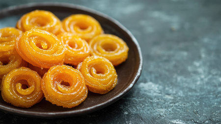 A mouth-watering view of freshly made sweet Indian dessert arranged on a plate, featuring vibrant spiral shapes and a glossy finish, perfect for festive occasions.の素材