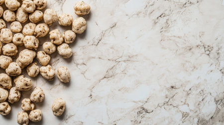 Discover this natural snack arrangement on a marble surface, ideal for promoting healthy eating choices and wellness-focused dietary options in photography.の素材