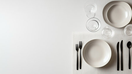 An elegant and minimalist dining table setup featuring ceramic dinnerware and glassware on a light textured surface, perfect for modern dining and stylish gatherings.の素材
