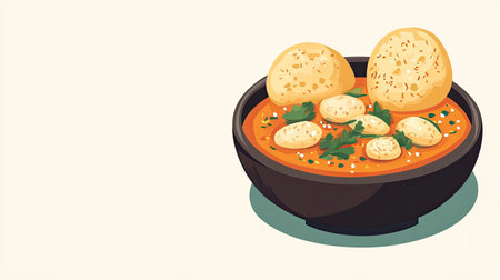This vibrant illustration showcases a bowl of vegetable curry topped with crispy bread dumplings and fresh coriander, perfect for food lovers and culinary enthusiasts.の素材