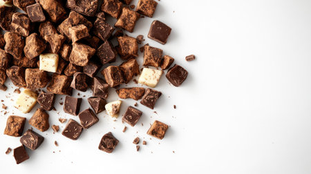 Crumbled chocolate pieces showcase a delightful array of textures and flavors, perfect for enhancing desserts, recipes, or snack ideas with a touch of elegance.の素材
