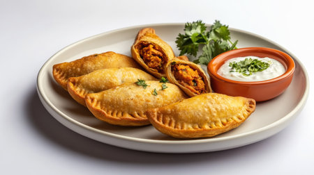 Delight in a plate of crispy empanadas, golden brown and perfectly baked, served with a creamy dip and garnished with fresh cilantro for a savory treat.の素材