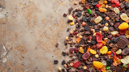 A vibrant mix of dried fruits, nuts, and chocolate pieces scattered on a rustic surface, ideal for healthy snacking, baking inspiration, or enhancing desserts with natural sweetness.の素材