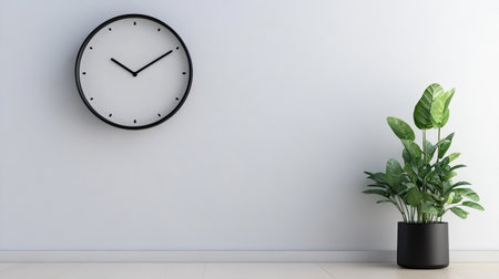 A modern and minimalist room showcases a stylish wall clock and a lush green potted plant, creating a perfect blend of simplicity and tranquility in a bright, serene space.の素材