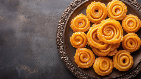 A plate of beautifully crafted spiral-shaped sweets, showcasing vibrant colors and exquisite details, ideal for festive celebrations and gatherings, ready to enjoy.の素材