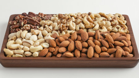 A wooden tray filled with a colorful assortment of nuts, showcasing varied textures and colors, perfect for healthy snacking or culinary decoration in various settings.の素材