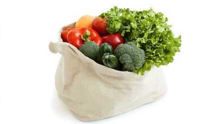 A vibrant collection of fresh vegetables and fruits showcased in a natural fabric bag, promoting healthy eating and sustainable living through organic produce choices.の素材