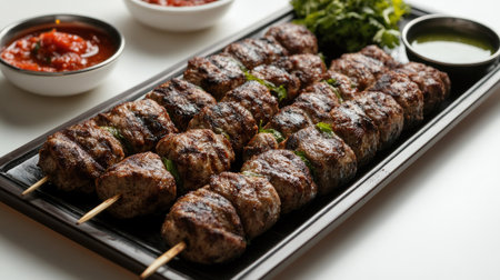 Savor the delightful experience of grilled meat skewers, perfectly cooked, served with vibrant greens and rich sauces for a satisfying meal that pleases the palate.の素材