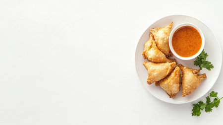 A plate of crispy golden brown samosas paired with a tangy sauce and fresh cilantro, ideal for sharing at parties, gatherings, or enjoying as a delightful snack.の素材