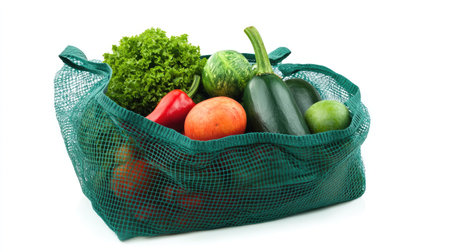 A vibrant assortment of fresh organic vegetables in a reusable green mesh bag, highlighting sustainable shopping and healthy eating practices for eco-conscious consumers.の素材
