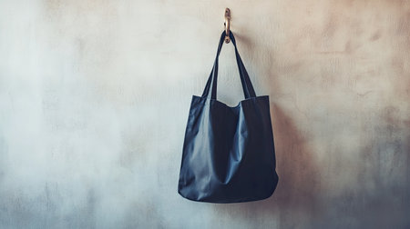 A stylish black tote bag hangs against a textured wall, illustrating a minimalist design perfect for everyday use, shopping, or eco-friendly lifestyles in modern settings.の素材