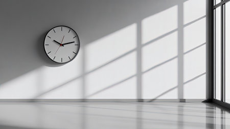 A serene minimalist interior featuring a wall clock and soft shadows from large windows, creating an atmosphere of tranquility and simplicity perfect for modern spaces.の素材