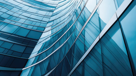 A captivating view of a modern skyscraper showcasing sleek glass panels and intricate curves, emphasizing innovative architecture and urban beauty in a metropolitan backdrop.の素材