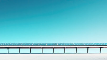 A modern rooftop adorned with solar panels against a clear blue sky symbolizes the transition to renewable energy and environmentally friendly power solutions.の素材