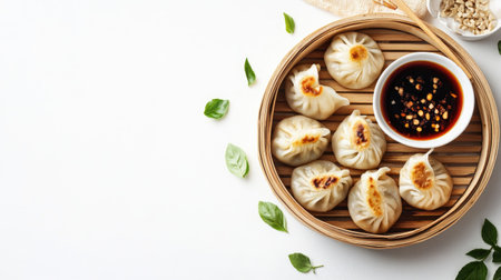 A stunning arrangement of steamed dumplings on a bamboo plate accompanied by rich dipping sauce and fresh herbs, perfect for culinary enthusiasts and food lovers.の素材