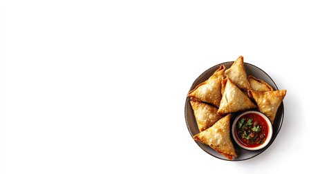 A plate of golden-brown samosas with a side of spicy red sauce garnished with herbs, perfect for a delightful snack or appetizer at any gathering.の素材
