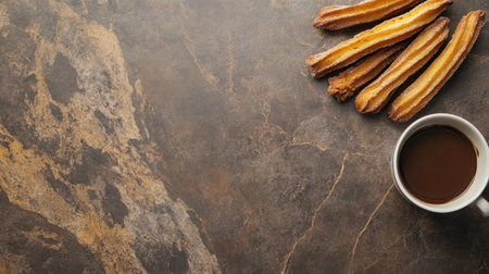 Enjoy a delightful composition featuring churros next to a cup of rich coffee on a textured background, ideal for culinary and food-related projects or inspirations.の素材