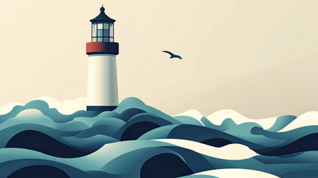 This stunning illustration showcases a vibrant lighthouse standing tall amidst swirling waves, creating a relaxing coastal scene that's perfect for nautical art and travel inspiration.の素材