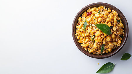 Discover a vibrant bowl of spicy snack featuring rich lentils, crunchy nuts, and aromatic curry leaves, perfect for healthy eating and culinary inspiration.の素材