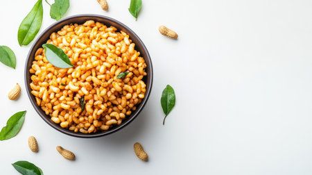 A visually appealing bowl filled with crunchy rice puffs, peanuts, and fresh curry leaves sits on a bright white background, perfect for showcasing tasty snacks.の素材