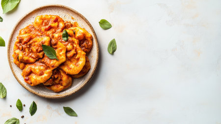 A plate of gnocchi topped with rich tomato sauce and fresh basil leaves, capturing the essence of homemade Italian comfort food, perfect for culinary enthusiasts.の素材