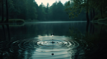 A mesmerizing close-up of a water droplet creating ripples on a tranquil lake, surrounded by lush forests and soft morning light, evoking a sense of calm and serenity.の素材