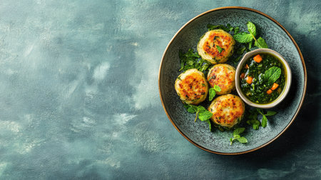 A plate featuring golden vegetarian patties garnished with mint and accompanied by a bowl of green chutney, ideal for showcasing healthy meal options and vibrant food photography.の素材