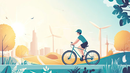 A vibrant illustration depicting a young cyclist riding through a sunny urban environment with wind turbines and lush greenery, emphasizing outdoor activity and eco-friendly transportation.の素材