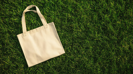 A simple beige canvas tote bag rests on vibrant green grass, showcasing a minimalist design perfect for eco-friendly shopping and outdoor gatherings.の素材