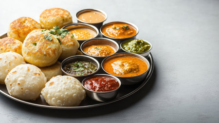 Experience a colorful platter of Indian snacks featuring a variety of breads paired with flavorful dipping sauces, perfect for sharing and celebrating taste.の素材