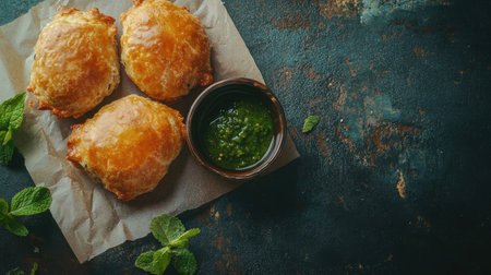 Indulge in these golden brown savory pastries paired with a vibrant green sauce. The rustic setting and mint garnish enhance the culinary experience, perfect for sharing.の素材