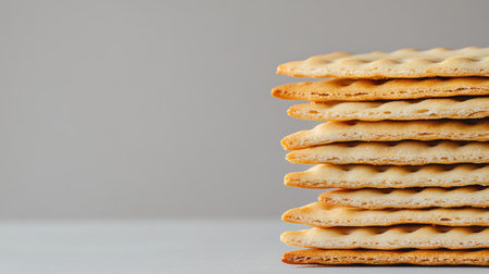 This image features a well-stacked arrangement of crispy flatbread crackers set against a soft gray background, emphasizing their texture and simplicity in food presentations.の素材
