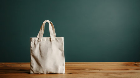 A stylish white tote bag rests on a wooden table, perfectly poised against a rich green background. Ideal for representing sustainability and modern design in fashion.の素材