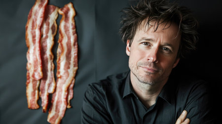 A captivating portrait of a man with curly hair, posing next to crispy bacon strips against a dark background, showcasing a blend of human expression and culinary art.の素材
