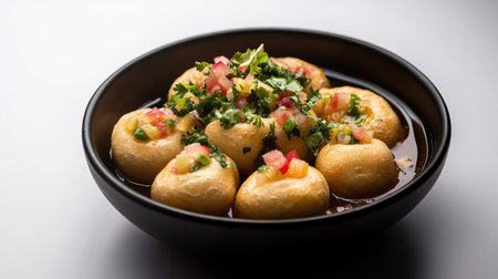 A vibrant bowl filled with crispy puris, spicy water, and a refreshing topping of chopped vegetables and herbs, perfect for snack lovers and culinary enthusiasts.の素材