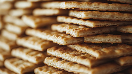 A stunning close-up of stacked crispy crackers showcasing their golden brown texture, perfect for enhancing snacking experiences and culinary presentations.の素材