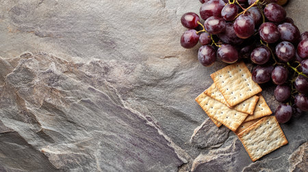 A beautiful arrangement of fresh grapes and saltine crackers on a textured stone background, perfect for showcasing casual snack ideas and food presentations.の素材