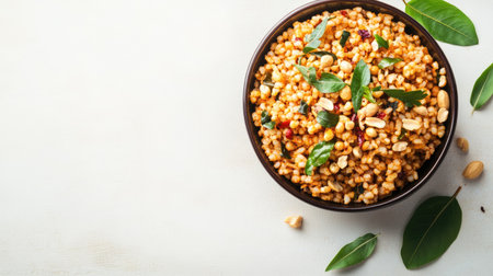 A vibrant and appetizing bowl filled with a spicy grain dish featuring peanuts, fresh herbs, and colorful spices, ideal for healthy meal ideas or culinary creativity.の素材