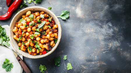 An inviting bowl of chickpea salad featuring fresh vegetables and herbs, perfect for a nutritious meal. A vibrant presentation ideal for healthy eating concepts and culinary inspiration.の素材