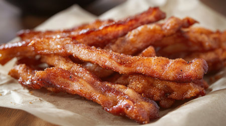 A tempting arrangement of crispy bacon strips on rustic brown paper, perfect for showcasing unhealthy indulgences and mouthwatering breakfast options in food photography.の素材