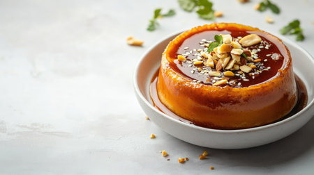 A beautifully presented flan dessert adorned with caramel sauce and nuts, showcasing a rich texture and inviting appearance, perfect for culinary enthusiasts and food lovers.の素材