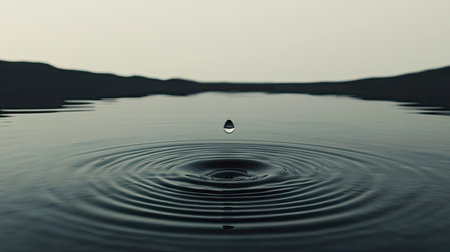 A close-up view of a water droplet falling onto a calm surface, creating mesmerizing ripples. The peaceful scene evokes a sense of tranquility and natural beauty.の素材