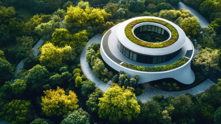 Aerial view showcasing a modern circular building integrated within a vibrant green landscape, surrounded by lush foliage and trees, creating a serene and peaceful atmosphere.の素材