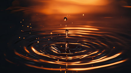 A mesmerizing close-up image of a water droplet creating ripples against a dark backdrop, illuminated by a warm orange glow, perfect for conveying serenity and fluid beauty.の素材