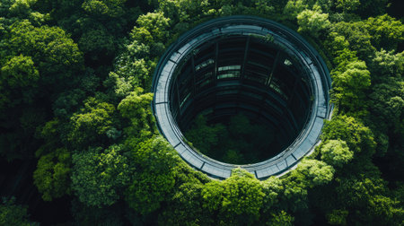 This stunning aerial image showcases a unique circular structure enveloped by a vibrant green forest, illustrating a seamless blend of nature and architectural design.の素材