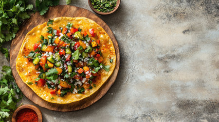 A vibrant and healthy vegetable salad served on crispy flatbread, garnished with fresh herbs and spices, perfect for a nutritious meal or delightful snack.の素材