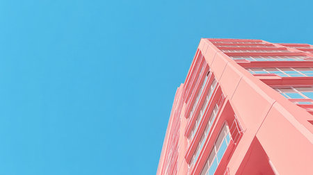 This striking photograph captures a pink building soaring into a clear blue sky, highlighting modern architecture's vibrant colors and minimalist design. Perfect for urban themes.の素材