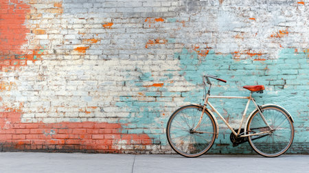 A vintage bicycle leans against a colorful brick wall, showcasing a mix of textures and faded colors, perfect for themes of nostalgia, urban exploration, and retro aesthetics.の素材